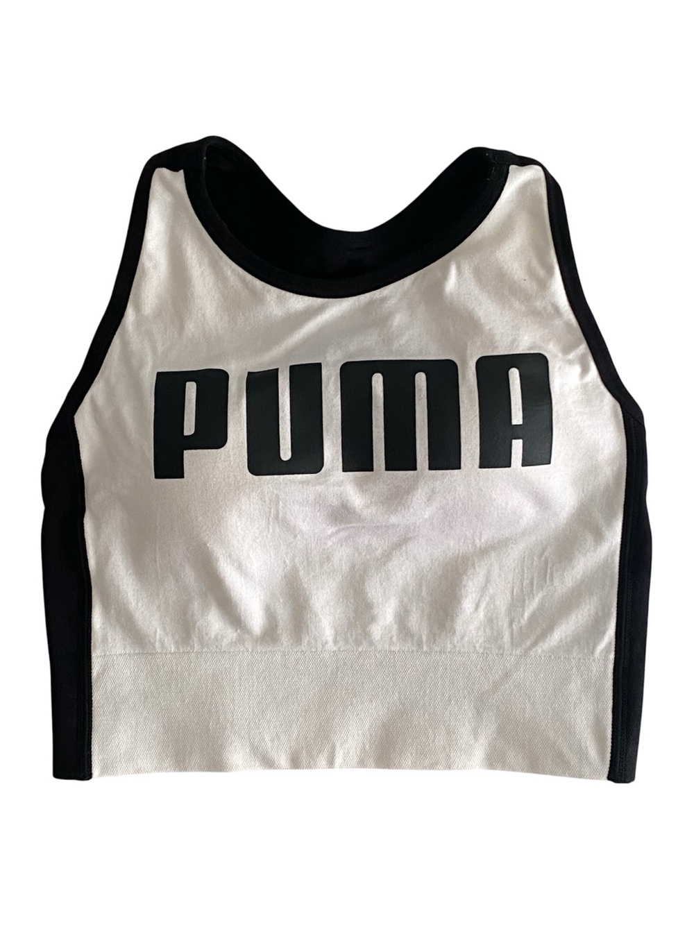 Puma White and Black Logo Crop Top Longline Racerback Sports Bra Women's Size S